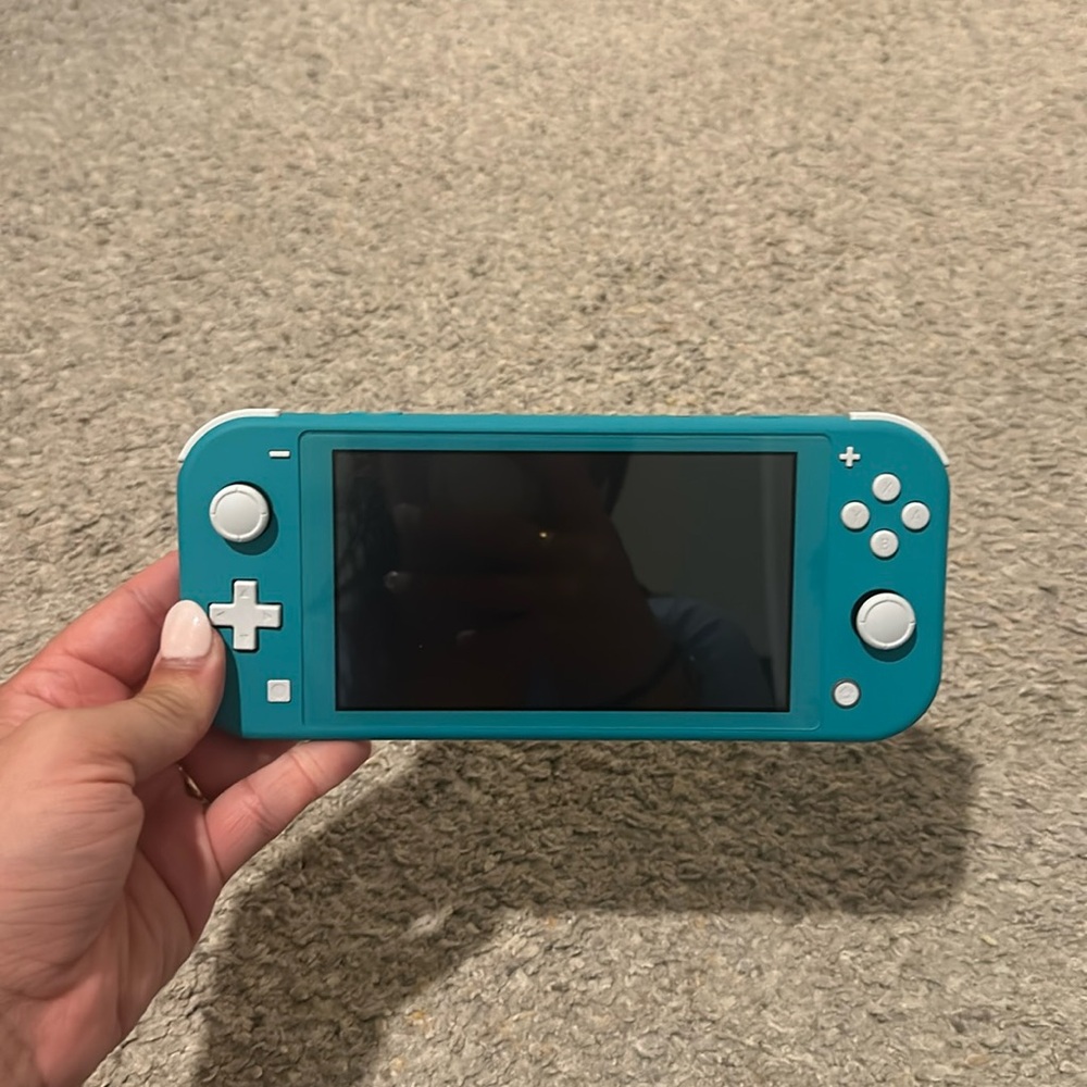 Teal Nintendo Switch Lite with matching Nintendo Animal Crossing Carrying Case